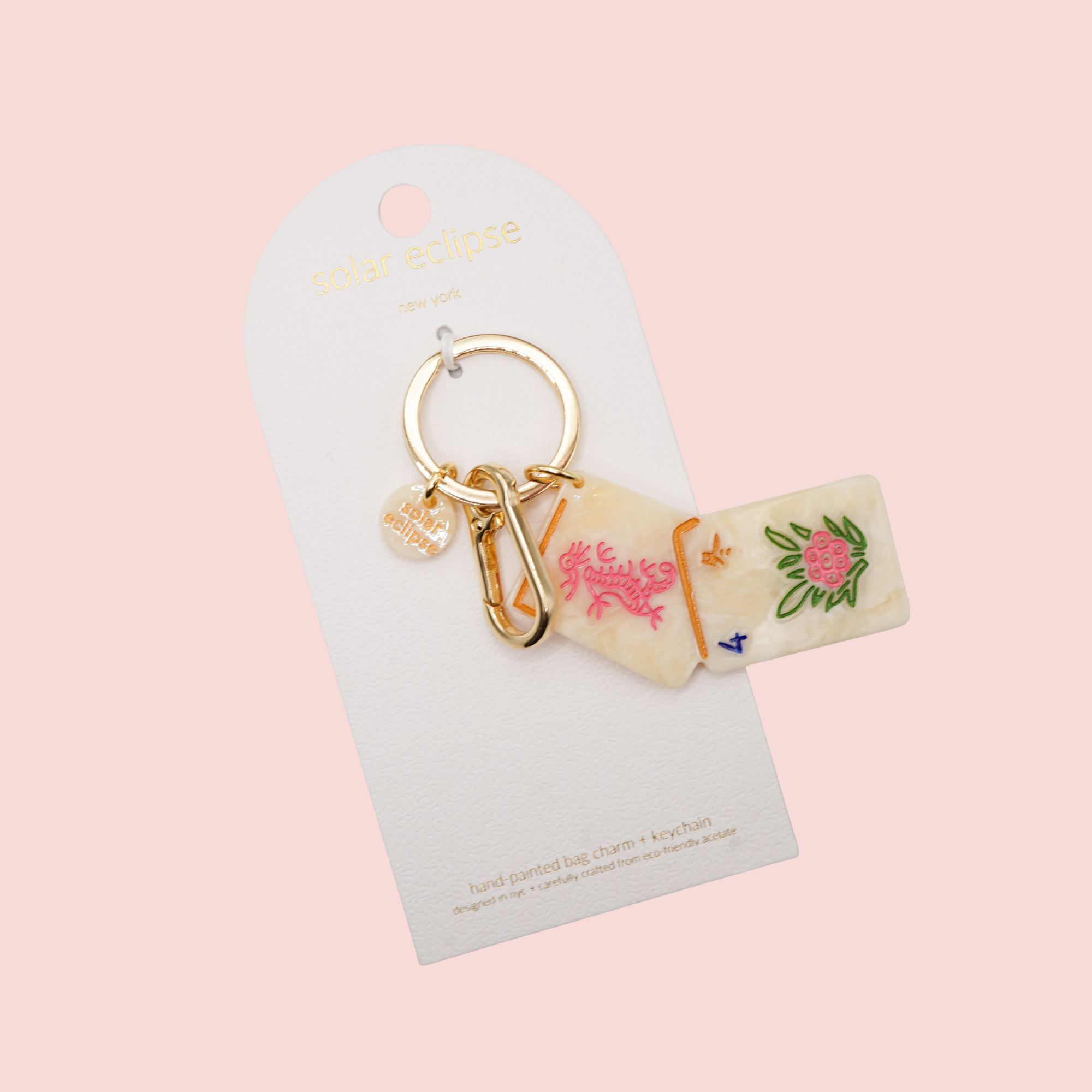Hand-painted Flower Mahjong Bag Charm + Keychain | Eco-Friendly
