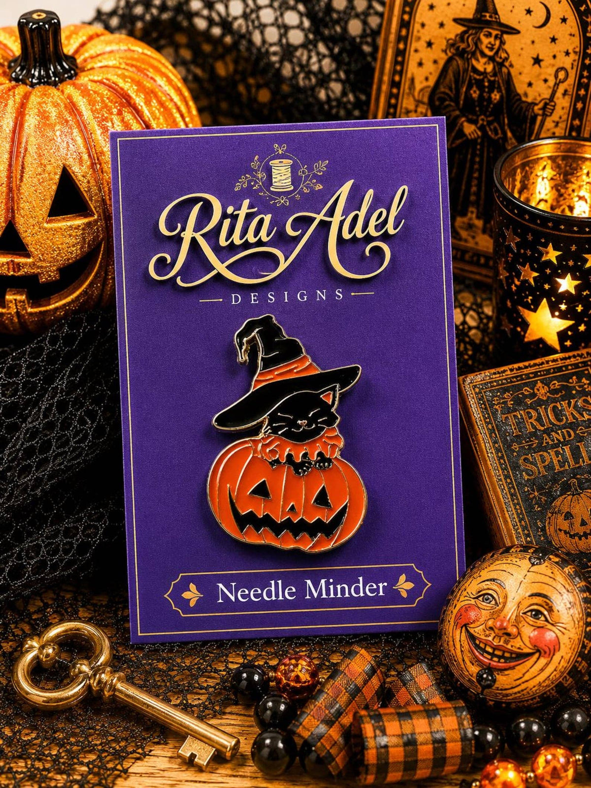 Magnetic Needle Minder ~ Black Cat & Pumpkin