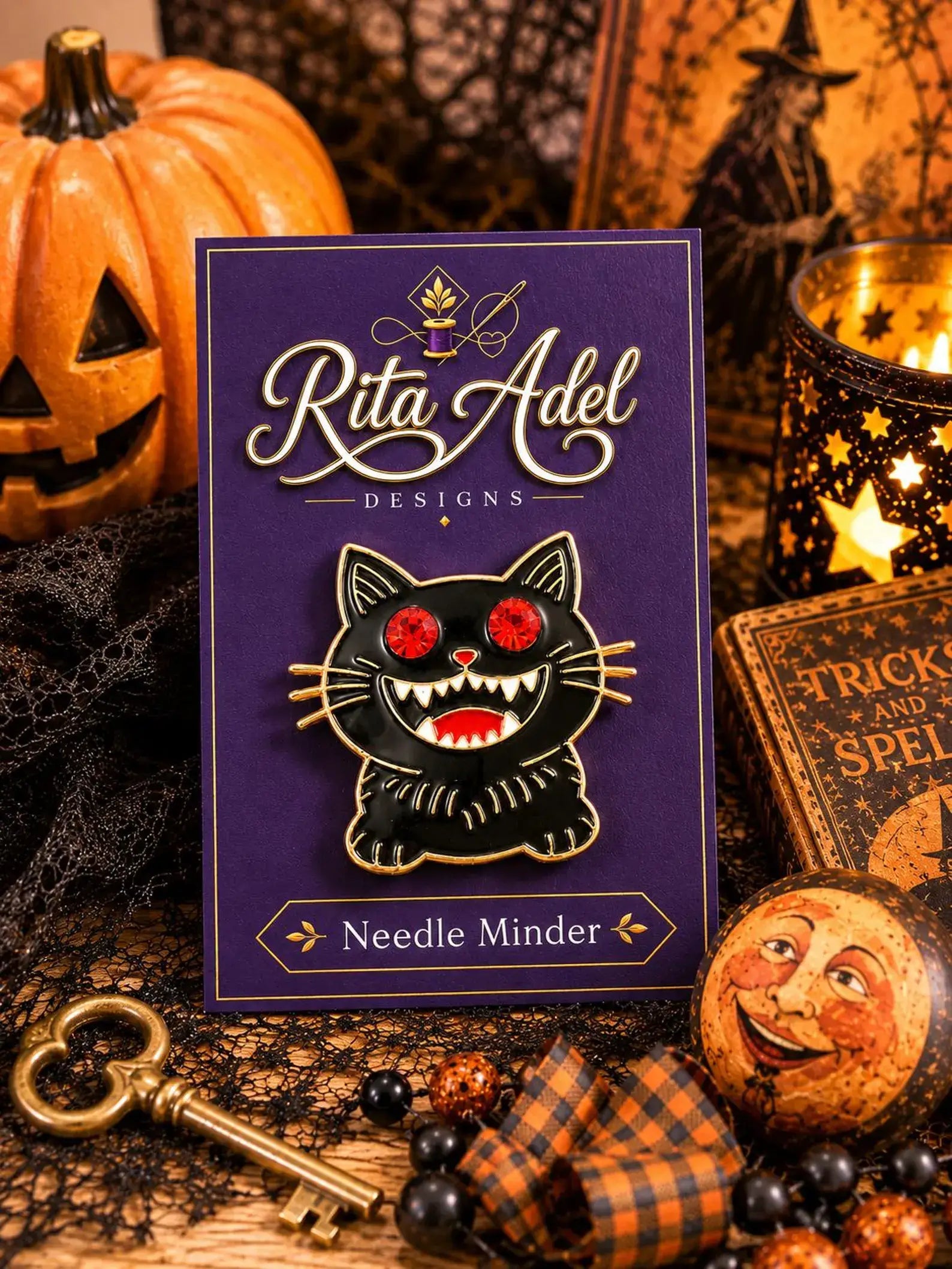 Magnetic Needle Minder ~ Spooky Black Cat Halloween