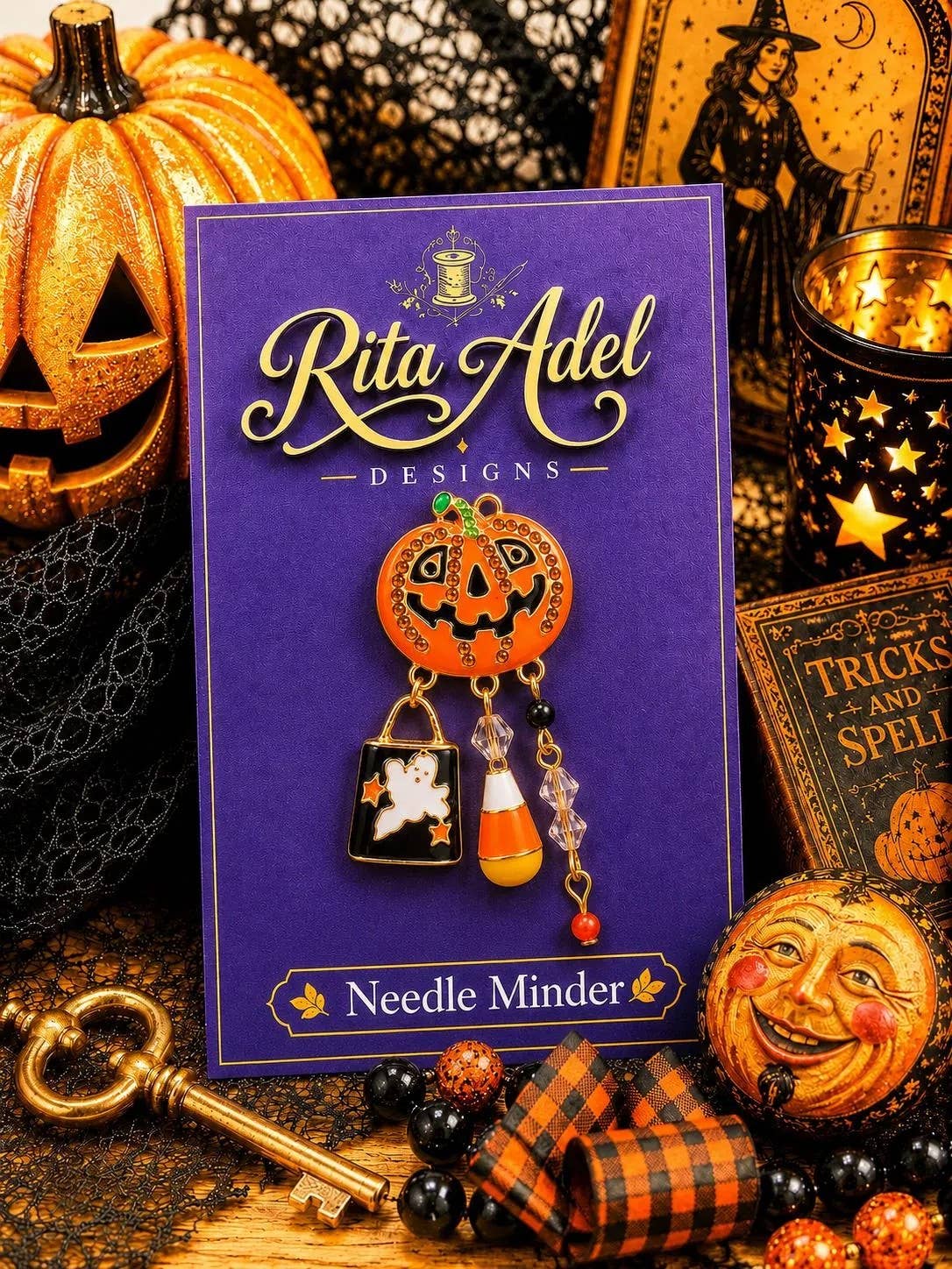 Magnetic Needle Minder ~ Halloween Pumpkin Dangly Charms